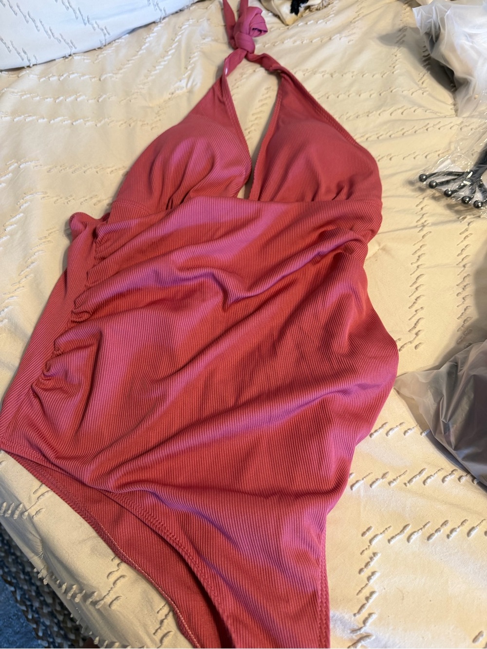 Halter Ribbed One-Piece Tank Top - Pink
